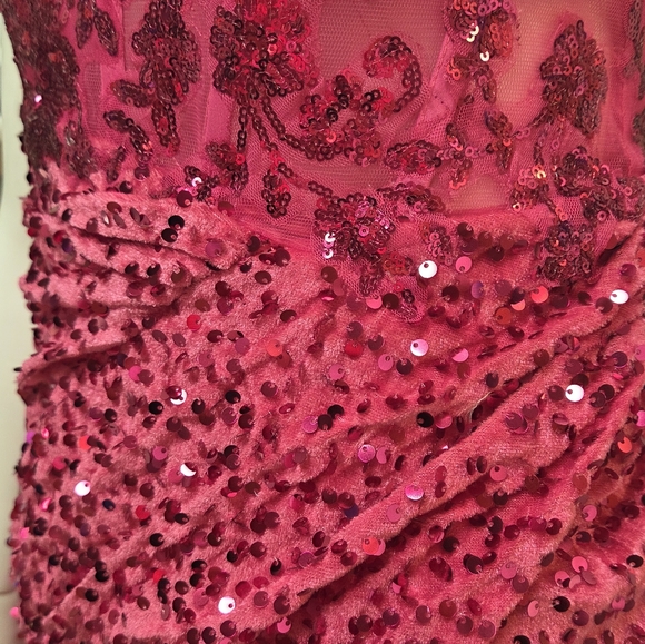 Pink Velvety Sequin Mini Dress With Small Side Slit, Slightly Sheer Top - Picture 3 of 3